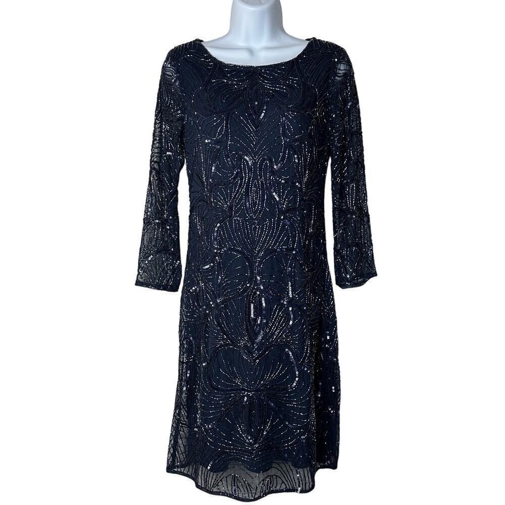 Adrianna Papell Dress Sequin Bead Mini Sheath Knee 3/4 Sleeve Open Back Navy 6